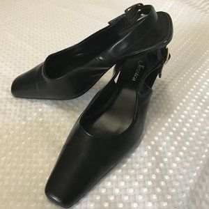 Jesic, Black Leather Pointed Kitten Heel With Ankle Strap